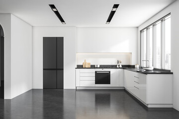 Fototapeta na wymiar Light kitchen interior with fridge and kitchenware, panoramic window