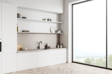 Corner view on bright kitchen room interior with panoramic window