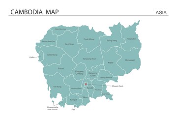 Cambodia map vector illustration on white background. Map have all province and mark the capital city of Cambodia. 