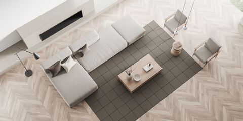 Top view of relaxing room interior with sofa and seats, fireplace and lamp