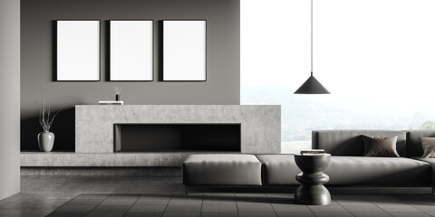 Grey relaxing room interior with couch and fireplace, window and mockup frames
