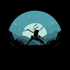 Ninja silhouette with mountain and sunset background © Ands