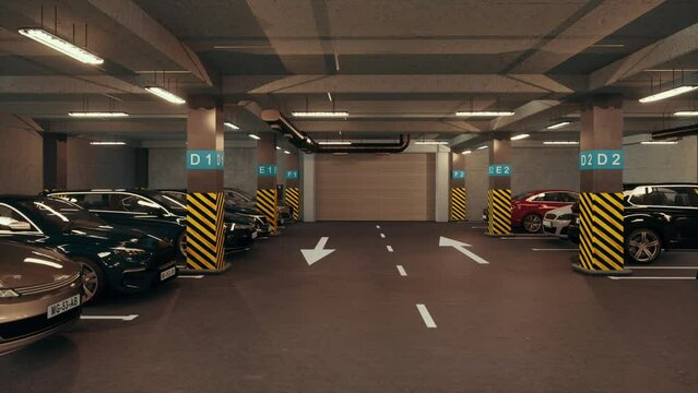 Underground parking with cars. Modern underground parking. Indoor full modern parking