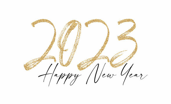 Happy New 2023 Year Elegant Gold Glitter Text With Light. Minimal Text Template