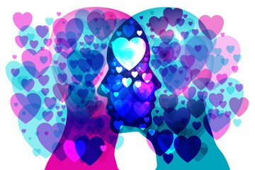 A couple face-to-face silhouette profile overlaid with various sized semi-transparent love hearts representing the strong genuine love felt for each other. 