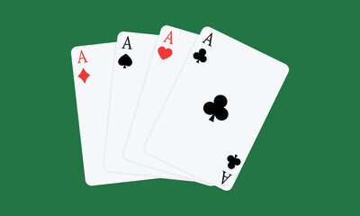 Set with four playing cards. Four aces on green background. Flat vector illustration.