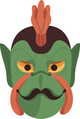 Japanese Green Face Noh Mask Cartoon Colored Illustration