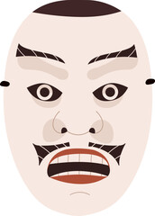 Japanese Folk Noh Mask Cartoon Colored Illustration