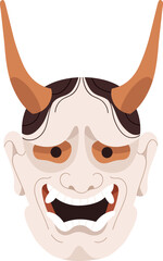 Japanese Devil Noh Mask Cartoon Colored Illustration