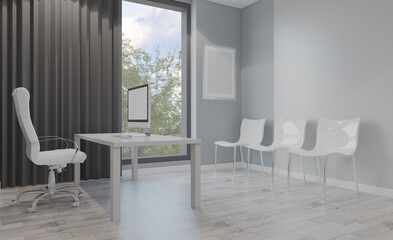 Modern office building interior. 3D rendering.. Mockup.   Empty paintings