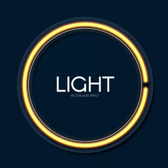 Shining neon square banner. Simple light element on blue background. Golden light.