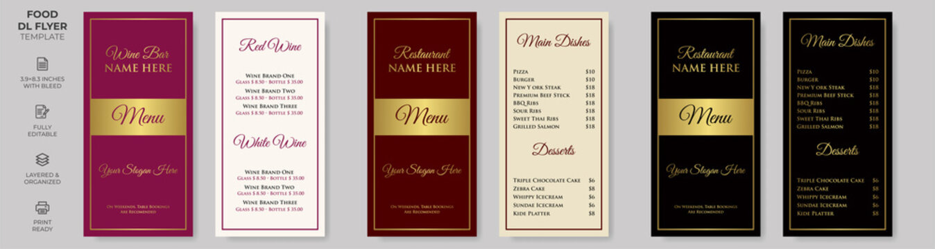 Rack Card Food DL Flyer Template, Simple Style And Modern Layout, Luxury Design, Wine Menu