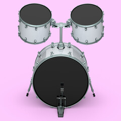 Set of realistic drums with pedal on pink. 3d render of musical instrument