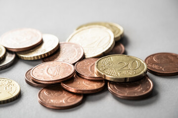 Euro small change on the table close-up. Soft focus
