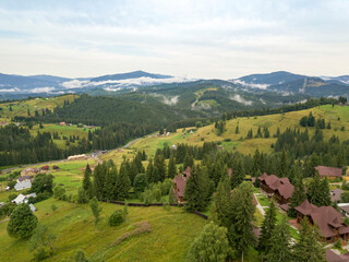 Ukrainian Carpathians mountains on a summer morning. Aerial drone view.