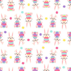 Seamless pattern with cute cartoon bunnies with colorful Easter eggs. Children's drawing with a pencil texture for backgrounds, fabric, wrapping paper for a holiday. Vector illustration