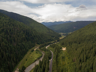 Green mountains of Ukrainian Carpathians in summer. Aerial drone view.