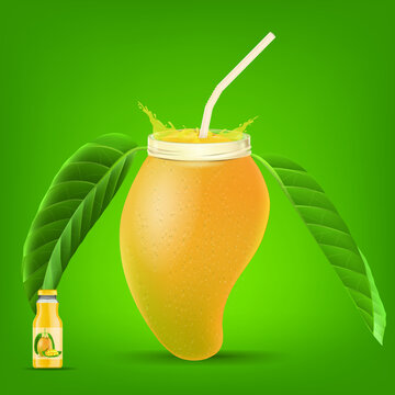 Mango  juice bottle with splashing straw.