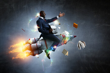 Businessman on a rocket . Mixed media