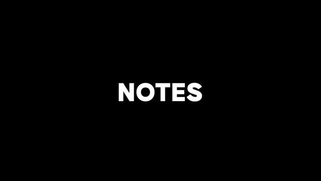 White picture of notes on a black background. printing word. Distortion liquid style transition icon for your project. 4K video animation for motion graphics and compositing.