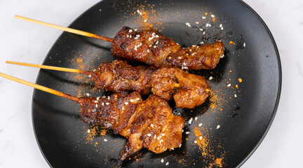 Grilled BBQ Spicy Mala Food. Sausages, Crab Sticks, Chicken and Pork