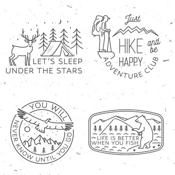 Set of camping badges, patches. Vector. Concept for shirt or logo, print, stamp or tee. Vintage line art design with camper tent, hiker, fishing bear and mountain. Summer camp.