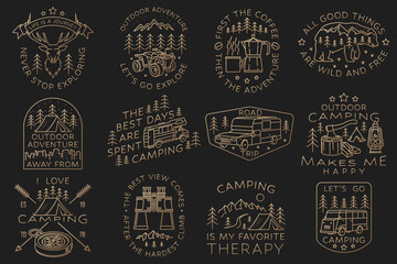 Set of camping badges, patches. Vector illustration. Concept for shirt or logo, print, stamp or tee. Vintage line art design with RV Motorhome, binoculars and forest.