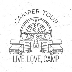 Camper tour. Live, love, camp. Camping quote. Vector illustration. Concept for shirt or logo, print, stamp or tee. Vintage line art design with 3d camper van, wind rose, compass silhouette.