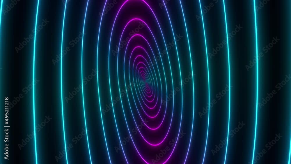 Poster minimal thin fluorescent spiral in infinite rotation. funky holographic backdrop in retrowave style.