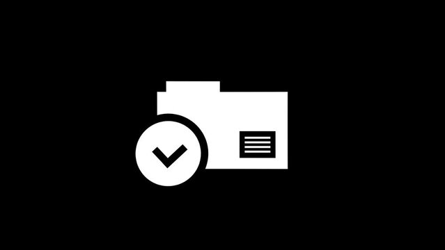 White picture of ticked folder on a black background. check mark on the computer folder. Distortion liquid style transition icon for your project. 4K video animation for motion graphics and