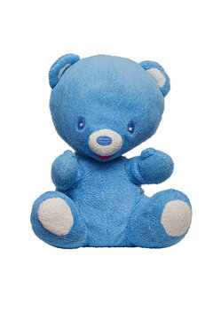 Teddy Bear Toy Isolate On A White Background, Clipping Path, No Shadows. Teddy Bear Blue Color Isolate On A White Background.