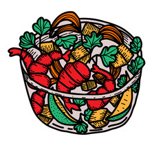 Mexican food Shrimp ceviche. Hand drawn  vector illustration in doodle style.