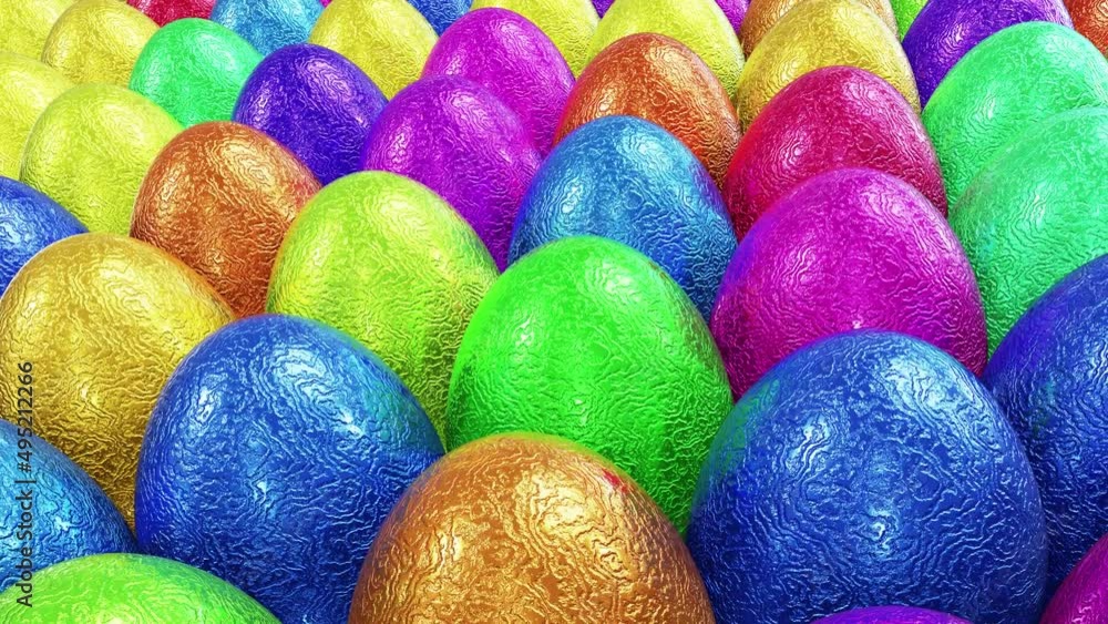 Poster realistic tracking camera looping 3d animation of the textured colorful foiled easter eggs rendered 