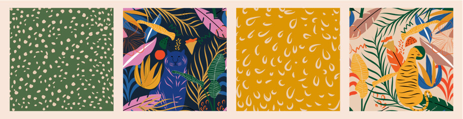 Set of Vector seamless pattern with leopards and tropical leaves. Trendy style.