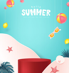 Colorful Summer sale banner with tropical product display cylindrical shape