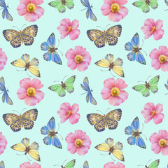 Naklejka na ściany i meble Seamless pattern with butterflies and flowers. watercolor and digital illustration. seamless botanical background. Template design for, textile, wallpaper, wrapping paper, packaging, print.