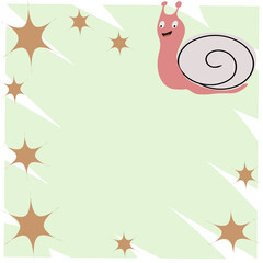 Small and large snails in a flower frame. Background. Cute cartoon animal illustration suitable for young children.