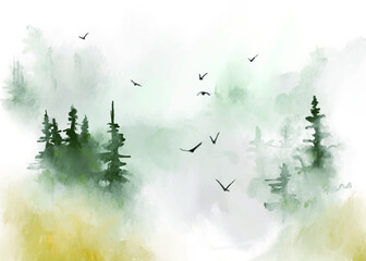 Foggy landscape, fir trees, birds. Hand-drawn vector illustration. Design of background, template, wallpaper, wall, interior, book page.