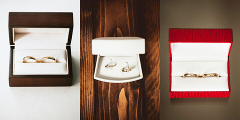 Wedding rings box. Love symbol background. Open container with jewelry. White gold is a good alternative for classic yellow gold. Set of three vertical photos. Different kind of precious metal.