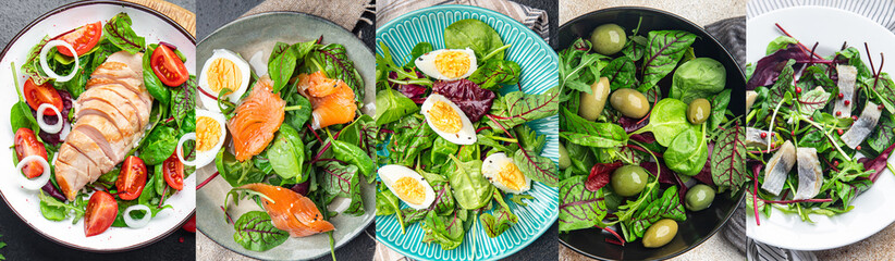 collage food salad mix salads various fresh green leaves different types healthy meal food snack on the table copy space food background 