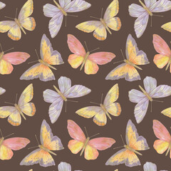 Vintage hand drawn colorful seamless pattern with beautiful pastel watercolor butterflies on vibrant background. Watercolor butterfly seamless pattern hand drawn texture