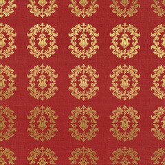 Vintage tapestry texture background. Scrapbook red paper with gold baroque elements