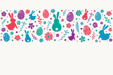Colourful Easter decoration. White background with decorative eggs, bunnies and flowers. Vector