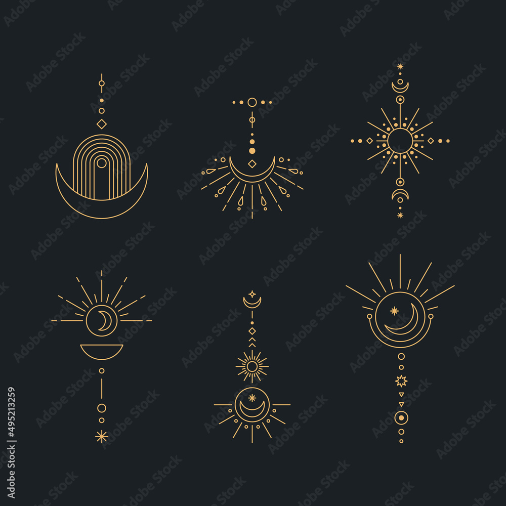Poster set of moon and sun line art. minimal boho linear symbols. celestial mystic element. vector line art