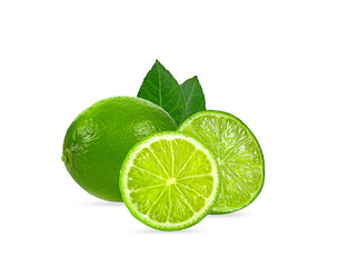 fresh lime slice with leaves on white background,isolated