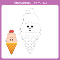 Handwriting practice sheet. Simple educational game for kids. Vector illustration of cute vanilla ice cream for coloring book