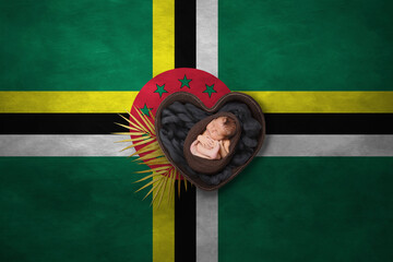 Newborn portrait in heart on background of national flag. Photography peace concept. Dominica