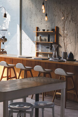 cafe interior Layout in a loft style in dark colors open space interior view of various coffee Welcome open coffee shop background.