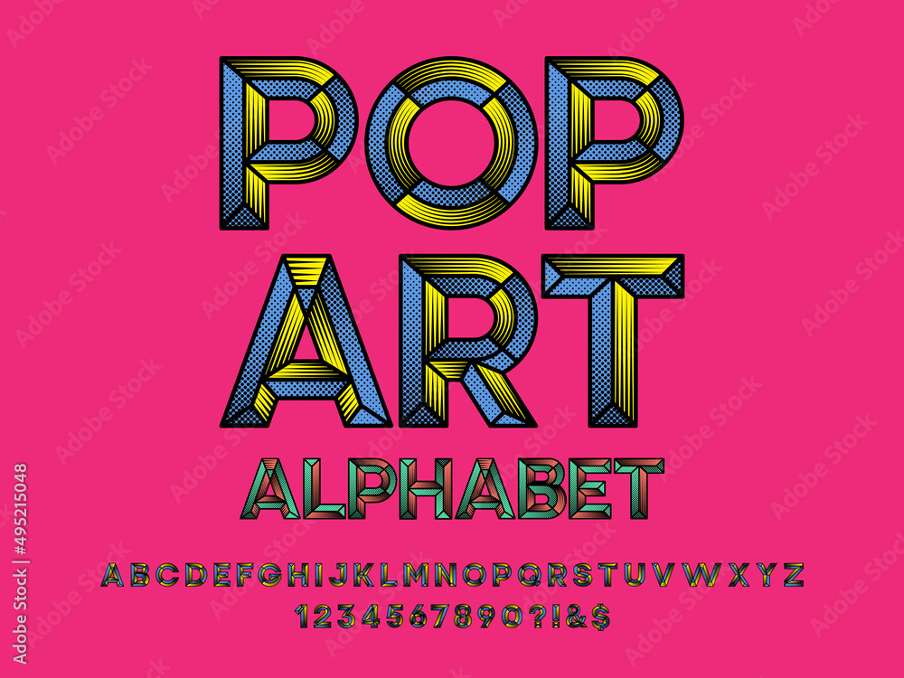 Poster chisel pop art style alphabet design with uppercase, number and symbols