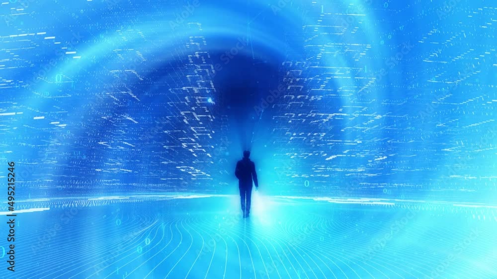 Poster technology artificial intelligence network cyberspace with a walking people.